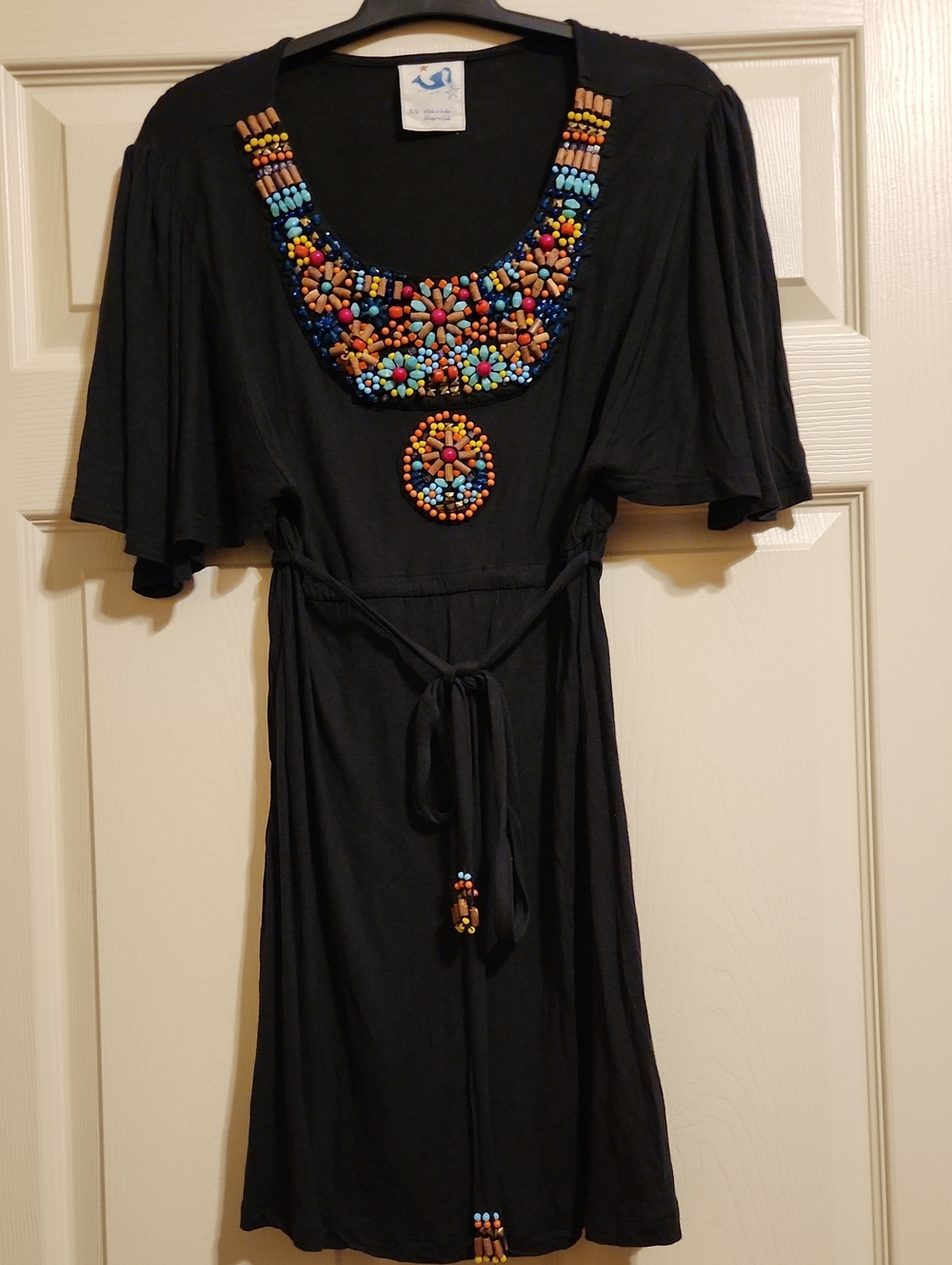 Anthropologie Black Mini Dress or Swimsuit Cover-up w/Multicolor Beads, XS